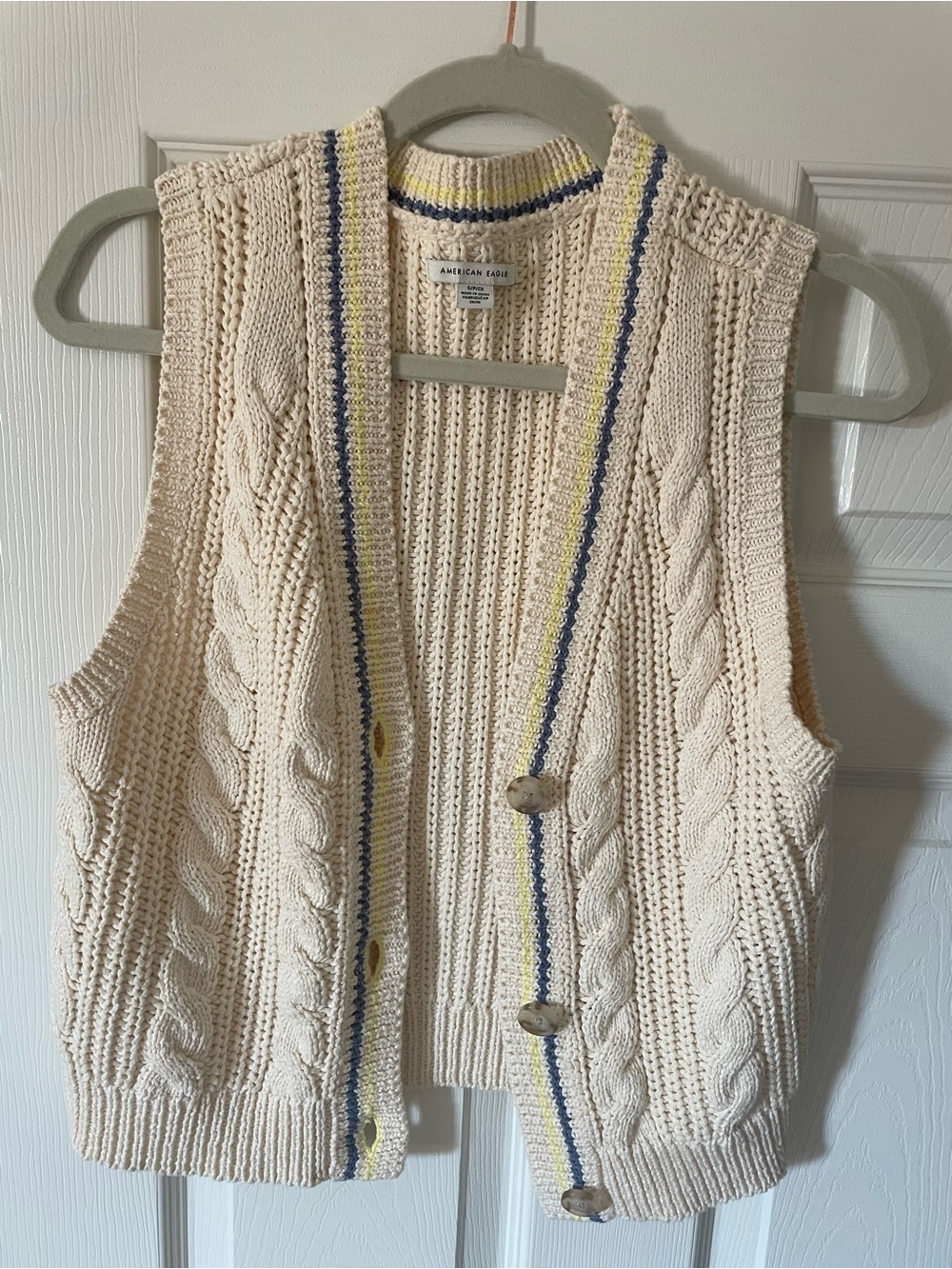American Eagle Outfitters Cream Cable Knit Button Vest with Navy & Yellow Trim